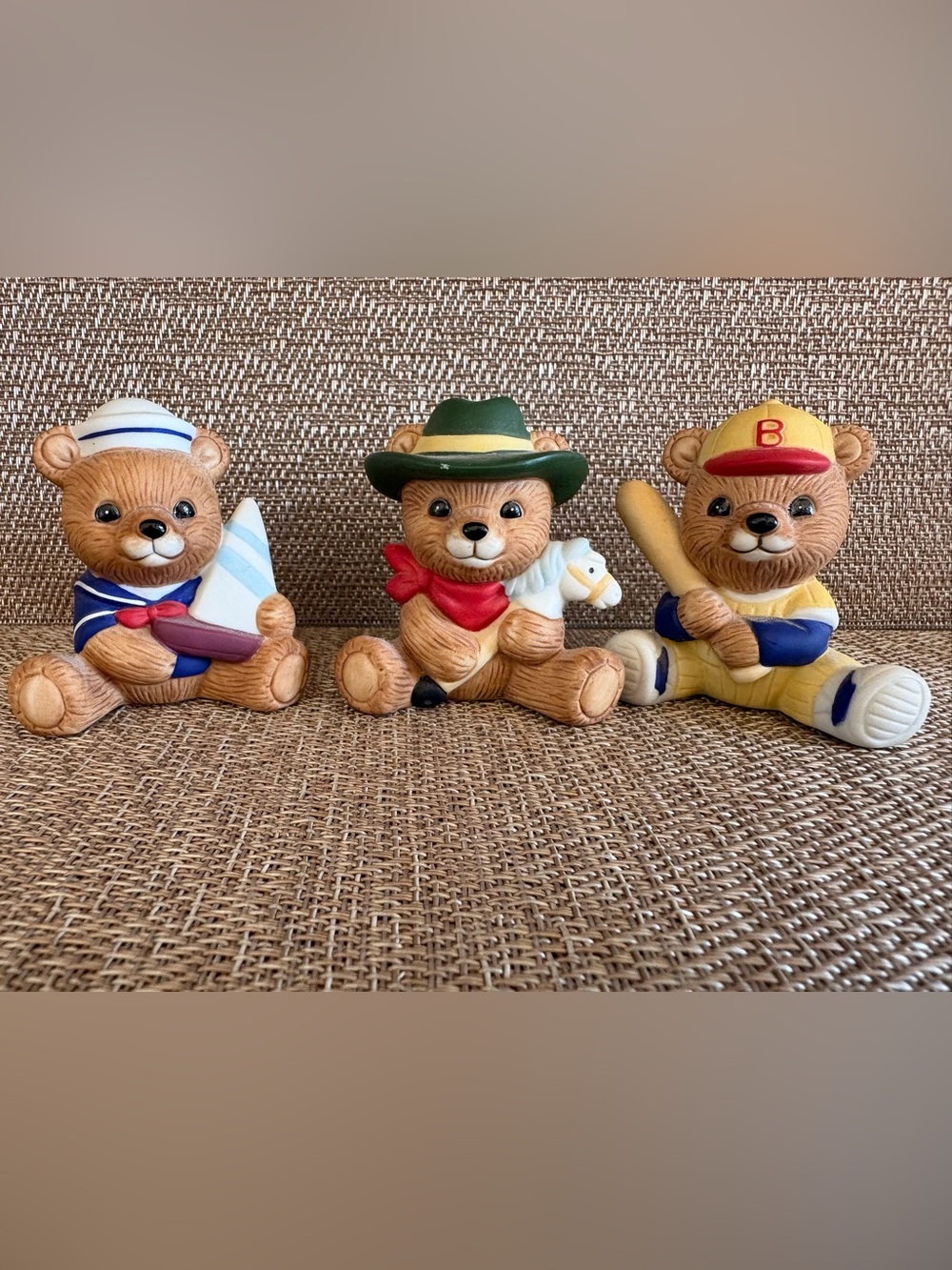Three Vintage Homco Playtime Bears Sailor Cowboy Baseball Player 1417 Figurines